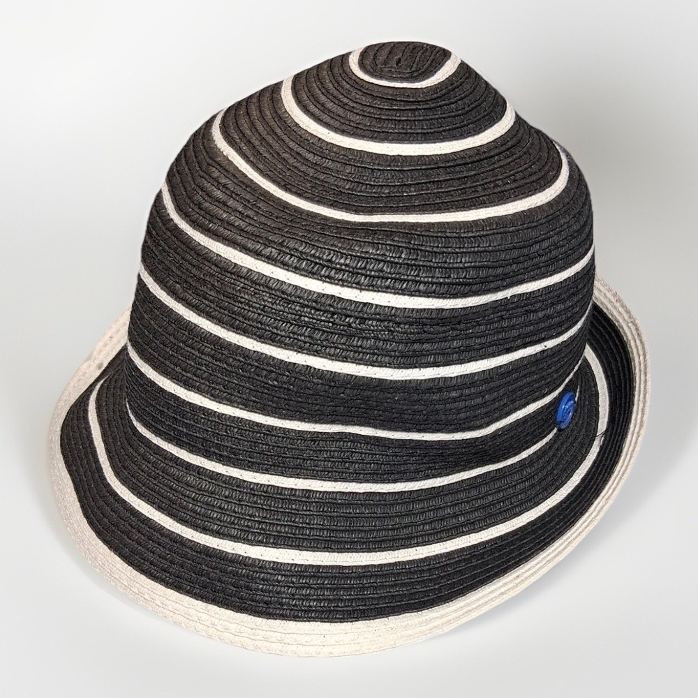 Juicy Couture Black White Striped Straw Cloche Hat Blue Crown Pin YTRUH275 2012